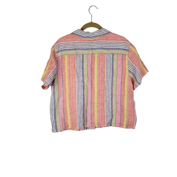 C&C California womens Medium multicolor rainbow stripe linen cropped camp shirt - Picture 2 of 6
